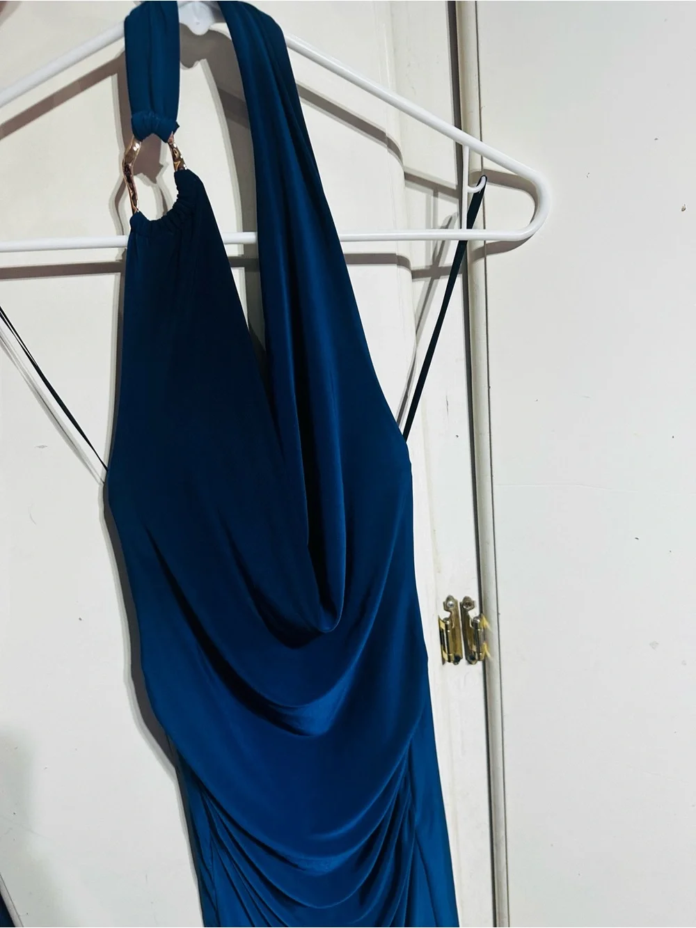 Elegant Navy Blue Halter Draped Women’s Dress